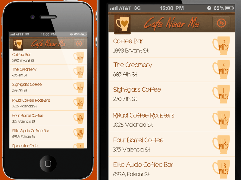 Cafe Near Me cafe coffee design interface interface design ios iphone iphone app mobile design mobile ui skeuomorphic texture ui ux