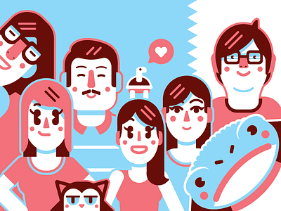 Mantequilla Photobomb blue cat family geometric happy people pink vector