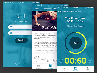 Gym Diary App refined app design fitness ios iphone login timer ui