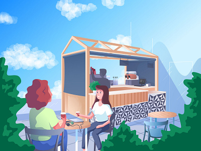 Coffee Break barista cafe character clouds corporate coworkers girl illustration office rooftop sky ui vector