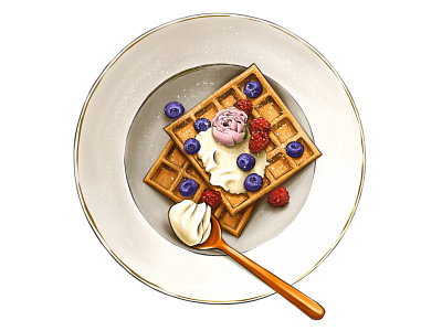 Sweet waffles with blueberries and ice cream artist berry blueberry ice cream illustration plate