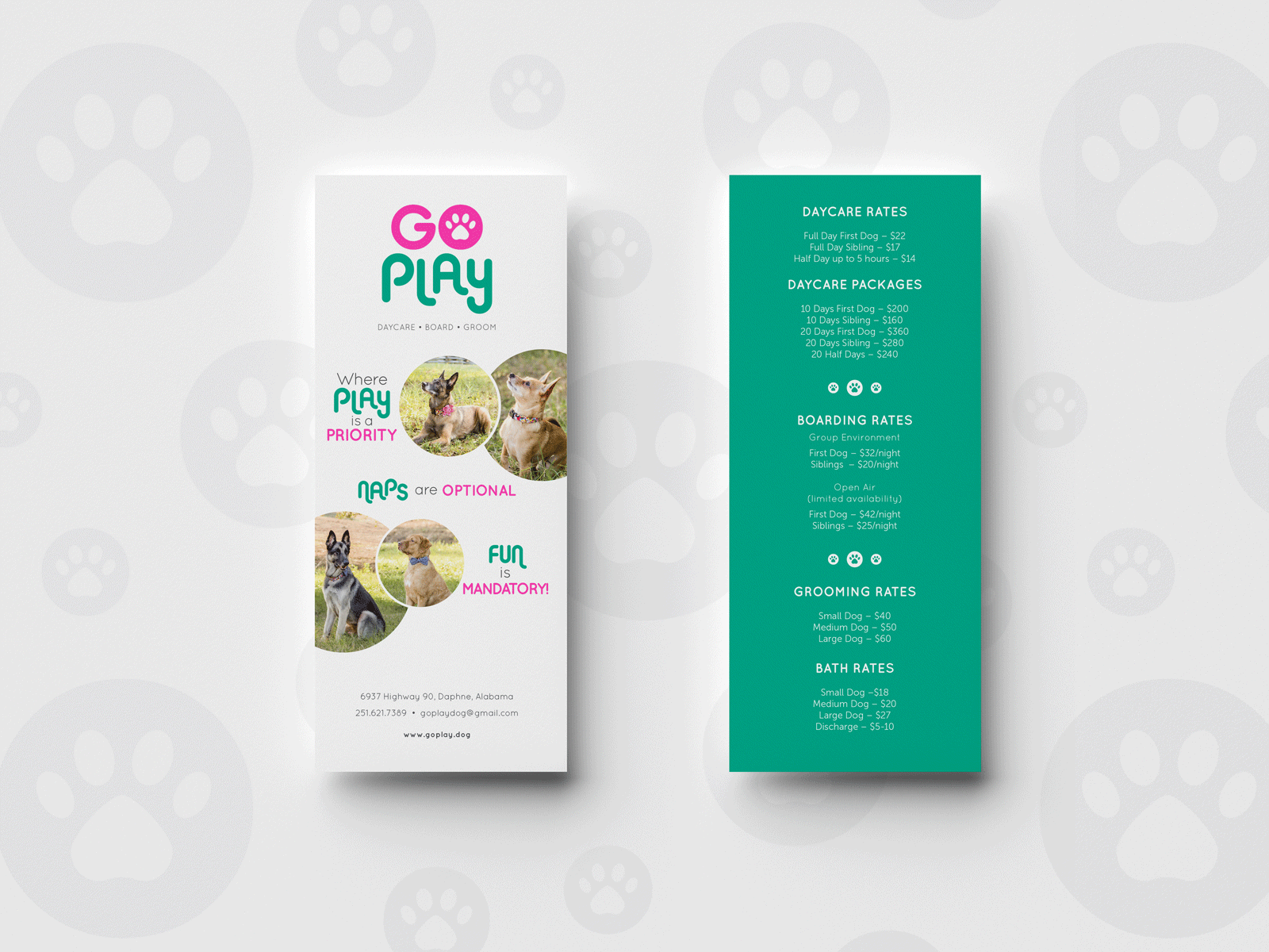 Go Play Rackcard branding brochure daycare dog logo pawprint play print rackcard