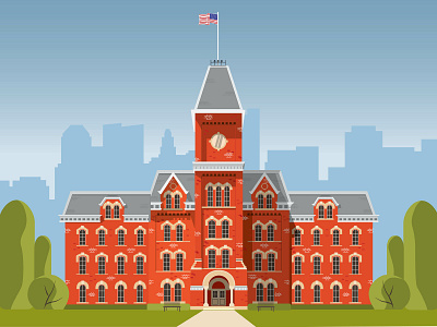 Ohio State University Hall brick building college flag hall illustration ohio state university