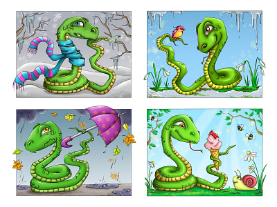 Year of the snake. art autumn calendar card cartoon character character childrenbook illustration illustration seasons snake spring summer winter year of the snake