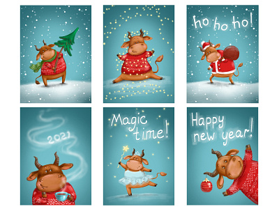 Year of the bull art bull card cartoon character character childrenbook illustration cow holliday illustration new year new year cards winter year of the bull