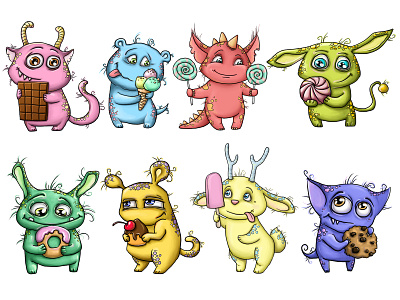 Set of little cute monsters with sweets. art card cartoon character character childrenbook illustration cute fictional character illustration little monsters sweets