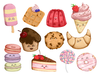 Set of cute sweets with face. art cakes card cartoon character character childrenbook illustration donat ice cream illustration seets with face set set of sweets sweets