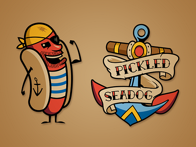 Pickled Seadog anchor banner beach cartoon eye patch food hotdog pirate retro sailor tattoo vintage