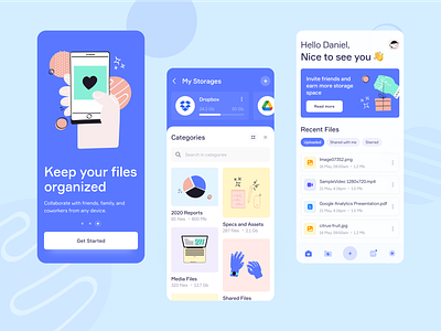 File Storage App app banners cards clean colored dailyui file manager hero section icons illustraion mobile mobile app design mobile design onboarding storage web design webdesign