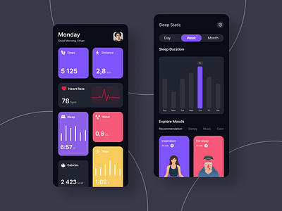 Sleep Tracking App - Mobile Design app aziz xabibullaev clean dark design health health app medical minimal mobile mobile design night sleep sleep app track tracking tracking app ui ui sharks ui ux