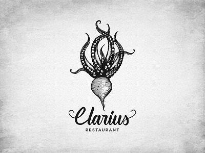 Clarius creative design food hand drawn illustration logo octopus radish restaurant rustic script font type typography vintage