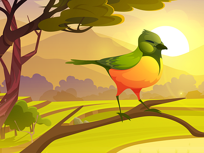 Cartoon bird sitting on tree branch cute colorful birdie with gr branding graphic design