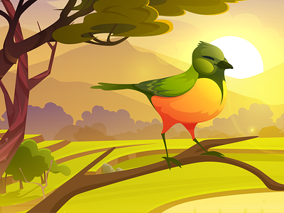 Cartoon bird sitting on tree branch cute colorful birdie with gr