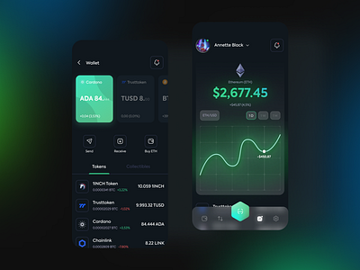 Crypto Wallet - Mobile App bitcoin blockchain crypto crypto exchange crypto wallet cryptocurrency currency dark ethereum finance fintech investment app mobile app money trading ui ux wallet