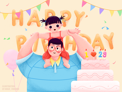 Happy Birthday To My Dear cartoon daddy daughter forever girl happy birthday illustration love minzi peace smile summer