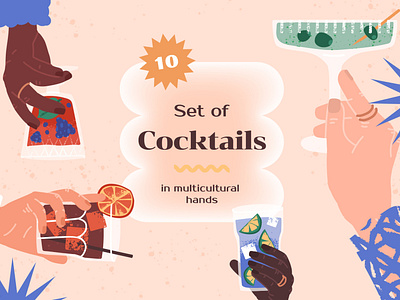 Cocktails in multicultural hands set