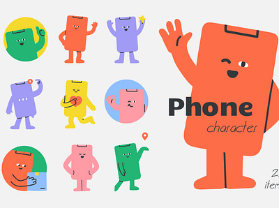 Phone character set with different emotions hands