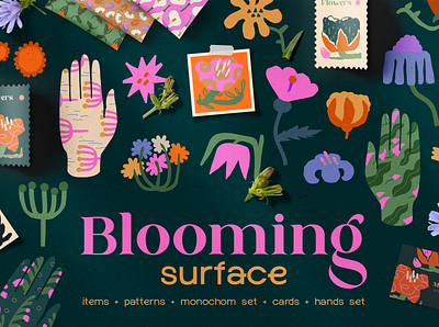 Blooming surface. Flowers set element flowers hands illustration pattern vector