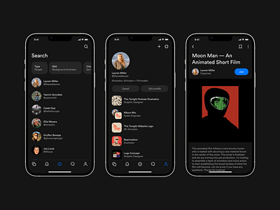 Search, Profiles, and Projects dark mode ios mobile app product design ui ui design ux design