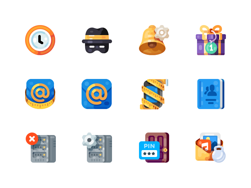 Medium-Sized Icons, part 4 alarm bell gift hosting icon illustration mail notification present server size