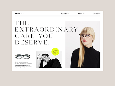 Optician Landing page branding clean glasses landing page minimal modern ophthalmology optician shop store typography ui ux