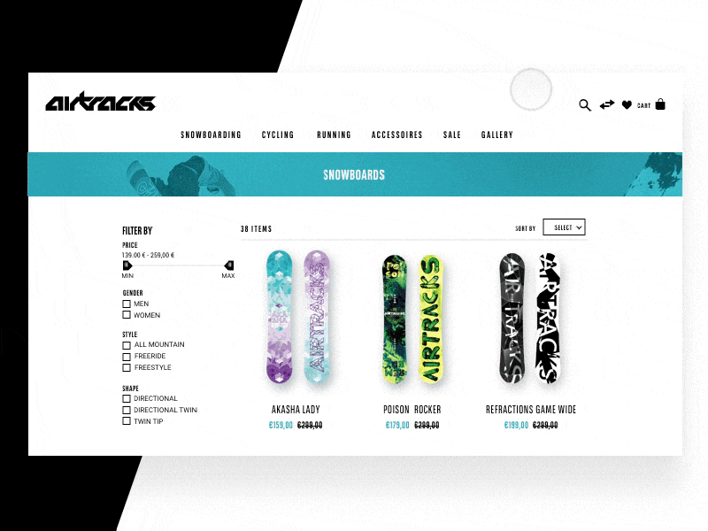 Airtracks transitions animation design interactions product details shopping snowboard ui ux