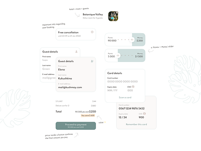 Booking and payment UI elements card checkout components design system details hotel luxury money slider travel ui