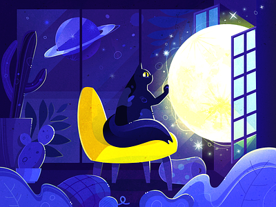 Here comes the moon blue cat french windows glow golden home illustration lignt moon original pillow planet plant room sofa star touch yellow