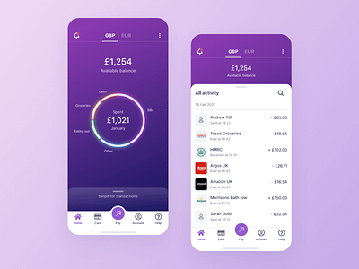 Walit banking - account app design bank account finance fintech ios app mobile app mobile banking product design purple transactions ui design ux design