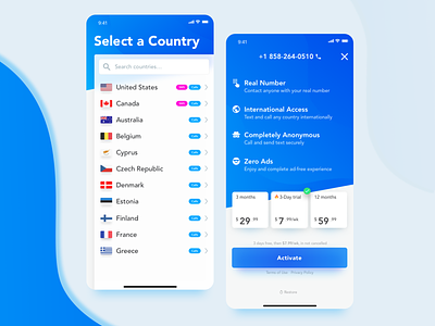 Second Number App app benefits calls countries flag ios list mobile mobile app select a plan sketch subscribe subscription ui