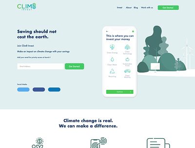 Clim8 invest home page app design concept design homepage illustration invest layout ui uidesign vector website