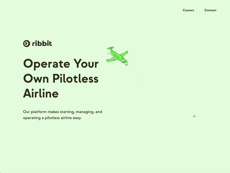 Ribbit: Self-Flying Planes airplane animation branding flight fun green illustration landing page plane playful scroll scroll animation self flying start up ui ux webflow website