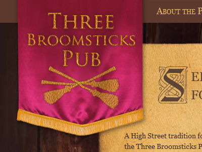 Three Broomsticks Pub brown harry potter logo rebound red website