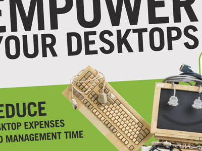 Empower Your Desktops banner green print robot trade show