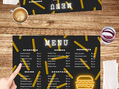 LED menu template for Canva | Edit your own menu | A3 a3 printable branding burger and fries cafe restaurant design canva edit canva template design diy graphic design illustration led light