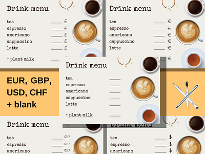 5 DIGITAL coffee drink price lists | EUR GBP USD CHF + blank blanks branding cafe restaurant coffee bar design different currencies digital design graphic design office decor price list printable ready to print