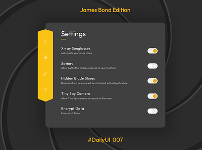 Daily UI 007 Settings James Bond Edition 007 challenge dailyui design graphic design illustration jamesbond settings ui ux vector