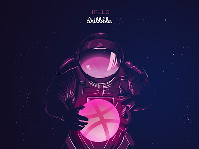 Hello Dribbble! astronaut dribbble hello illustration pink space stars