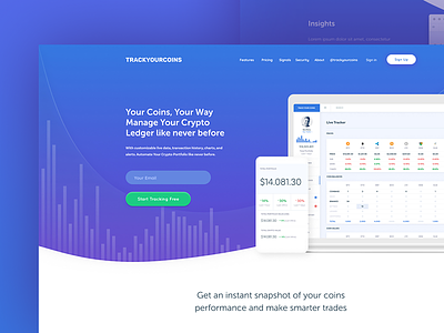 Track your coins landing page cryptocurrency design hero homepage landing page web design website