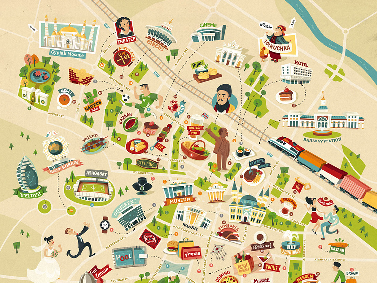 Illustrated map of Ashgabat by Alexandra Erkaeva on Dribbble