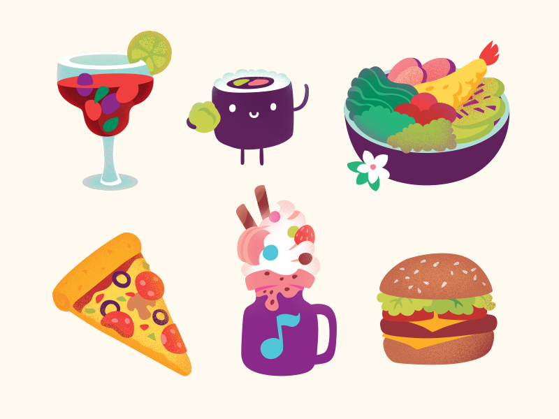 Crocus Food asian children cocktail cute food hamburger ice-cream illustration mall pizza shop sushi