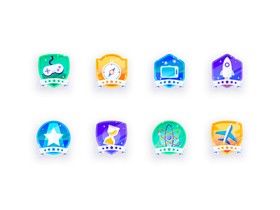 Complete Badges achievements awards badges banner codeverse coding game gamification kids learning level up platform science shield sparkle stem virtual