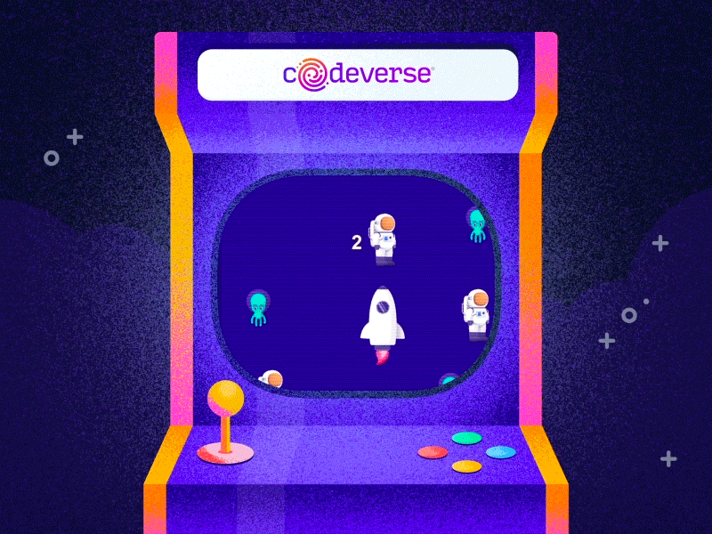 Arcade-Themed Social Post alien arcade arcade machine astronaut code codeverse game gif kids learning motion retro rocket space video game virtual