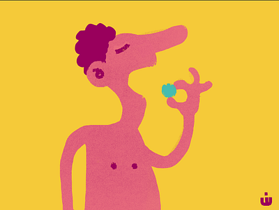 Pink Man on Yellow Eating a Blue Ball cartoon diet illustration nipples nutrition simple