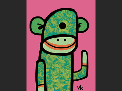 One-eyed Sock Monkey Says, "Hi." advertising character cartoon cartoon illustration greeting card illustration postcard sock monkey