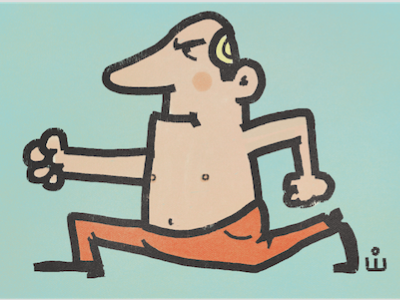 Power Stretch Pete ( aka Stretchy McGee ) aging bald bare chested cartoon fitness humor man middle age orange pants spot illustration stretch stretching
