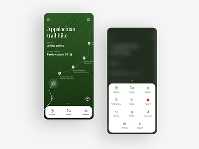 Hiking app app camp clean explore green hike lifestyle map mobile mountains tent terrain trail ui ux weather