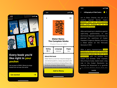 Book reading app bestseller black book bookcard books grid library read reading ui yellow