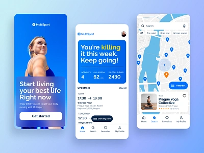 Multisport app reimagined app blue clean design fitness map mobile reservation sport ui ux wellness yoga