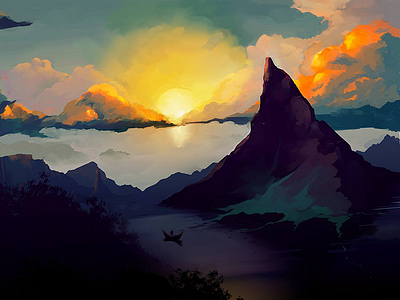 Recollection digital mountains painting photoshop sun